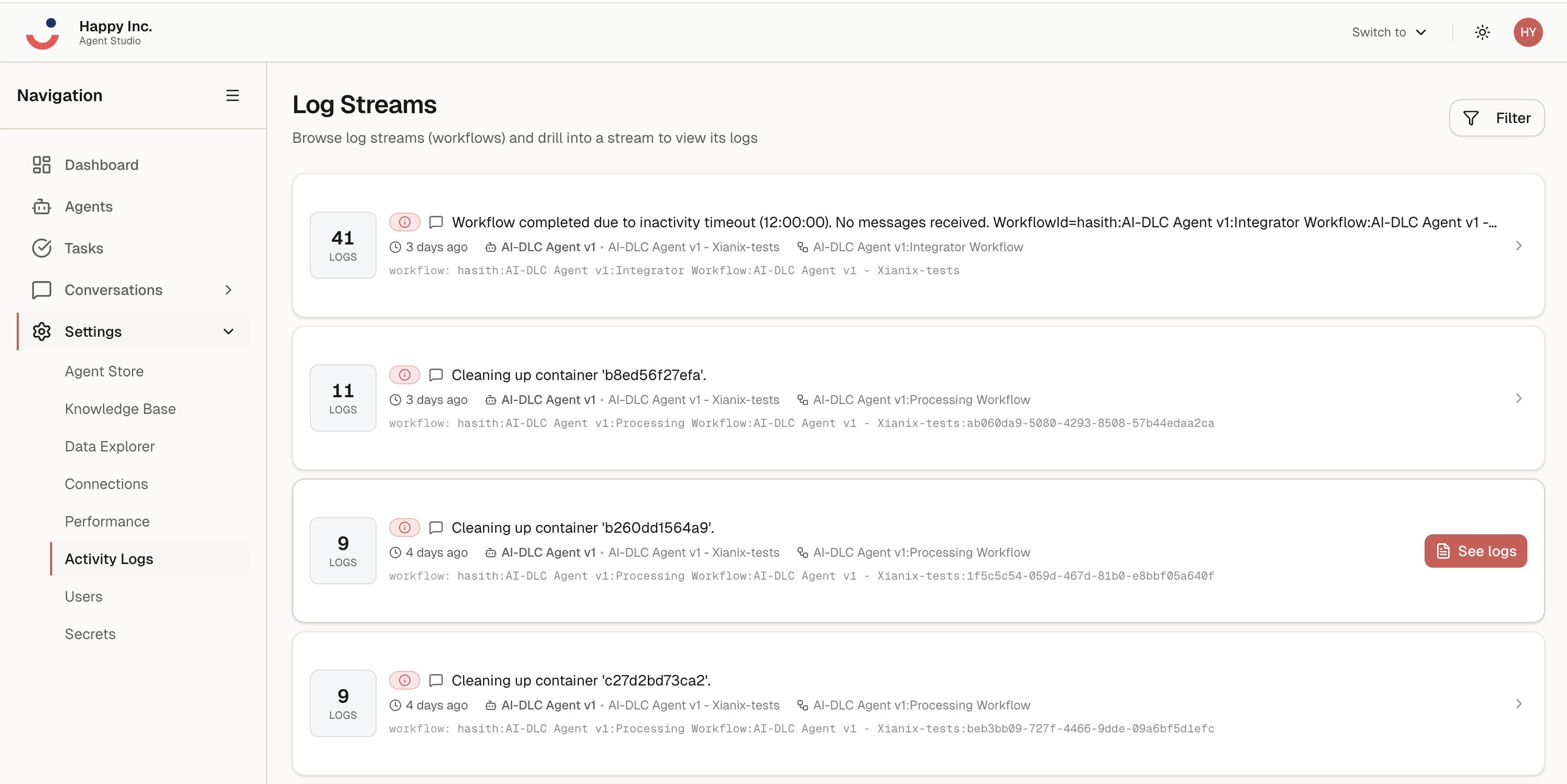 Activity Logs: log streams listed per workflow, each with log counts, timestamps, and a See logs action.