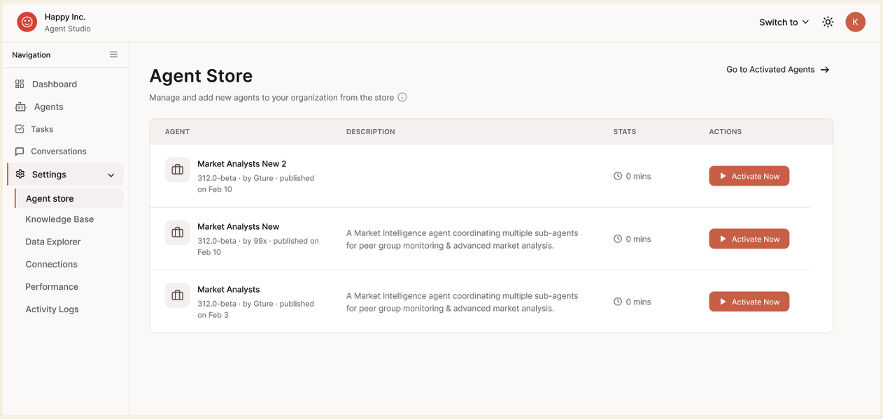Agent Store: catalog of agents with versions, publishers, descriptions, and Activate Now actions.