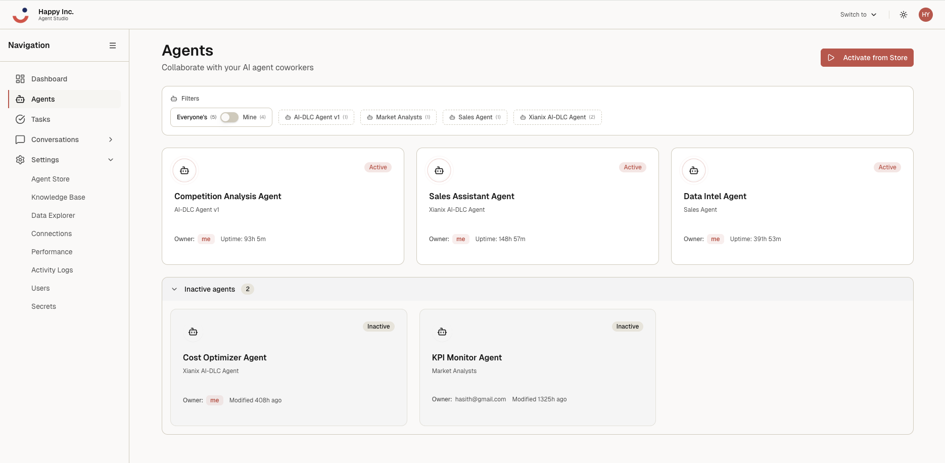 Agent Studio home: multi-tenant agent catalog with active agents, filters, and a navigation sidebar.