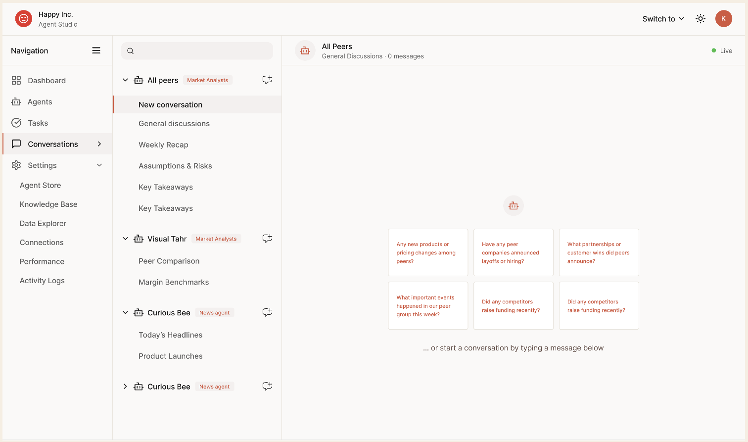 Conversations view: threads grouped per agent, with suggested prompts and a live-session indicator.