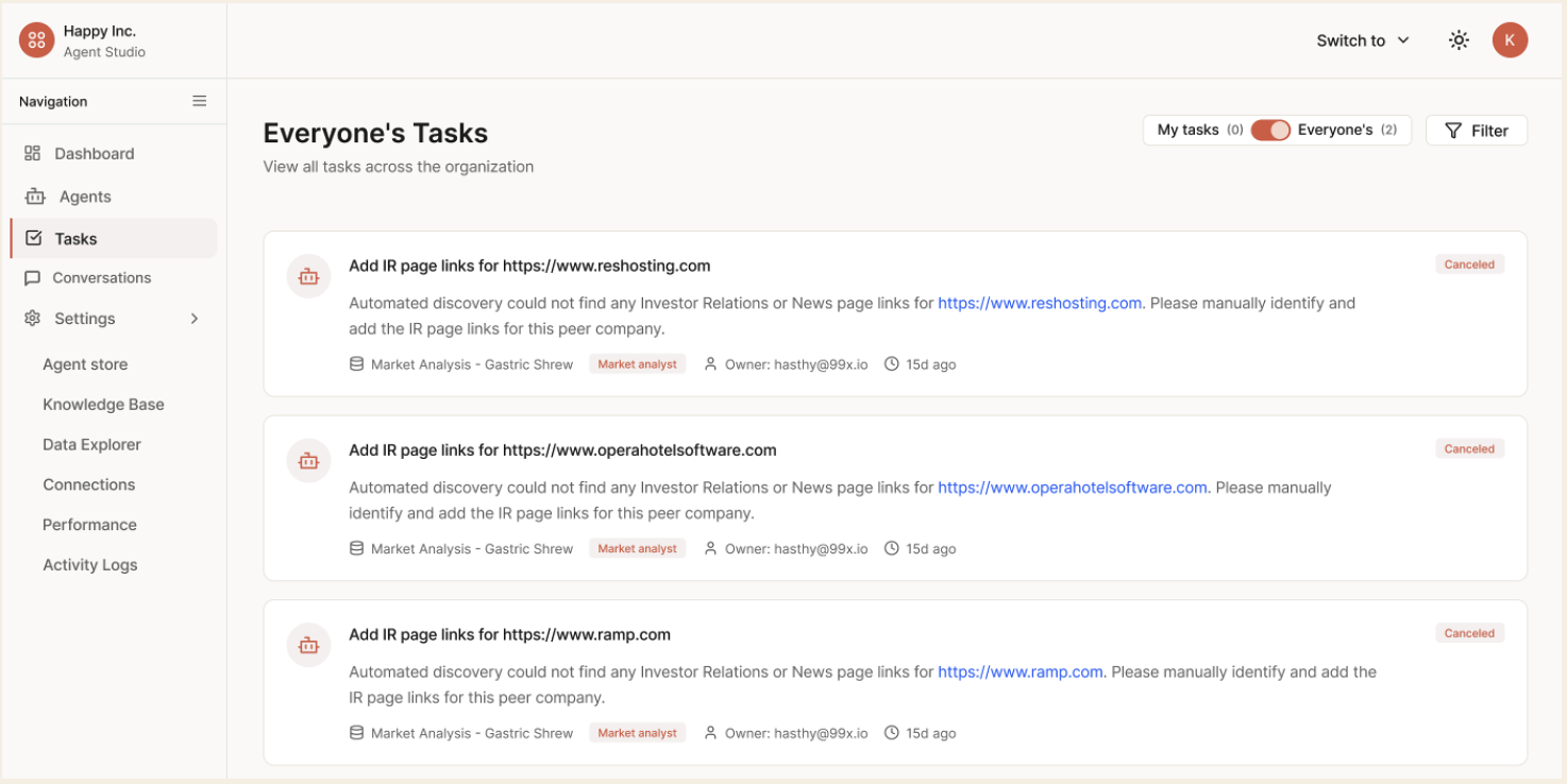 Tasks view: human-in-the-loop tasks with owner, age, status, and a My-tasks / Everyone toggle.