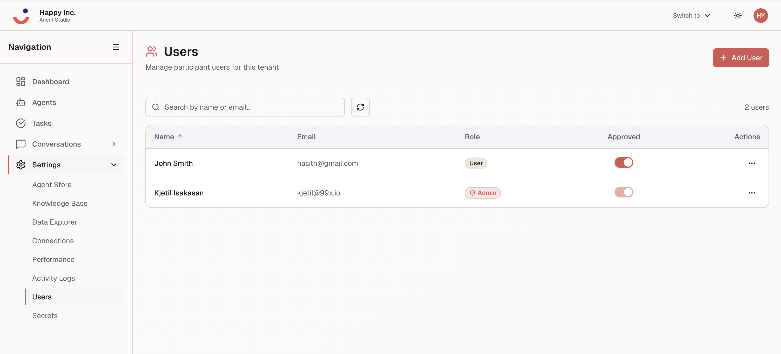 Users view: tenant participants with name, email, role, and approval state.